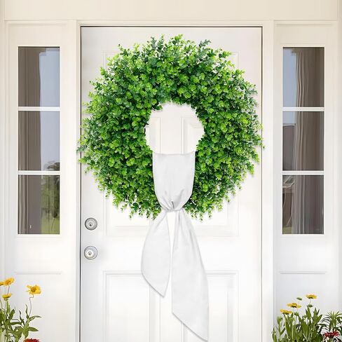 28'' Large Boxwood Wreaths Front Door Artificial Green Spring Wreath with Sash Wreaths for Front Door Farmhouse Greenery Year Round Outdoor Indoor for Summer Wreath St Patricks Day Decoration in Saudi Arabia