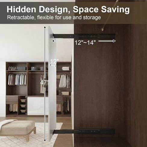 brisafe Sliding Mirror for Closet, Pull Out & Retractable Full Length Wardrobe Mirror, 90° Rotating Unbreakable Non-Glass Nanomirror, No-Drill Hidden Cabinet Mirrors for Bedroom (47" x 12", White) in Saudi Arabia