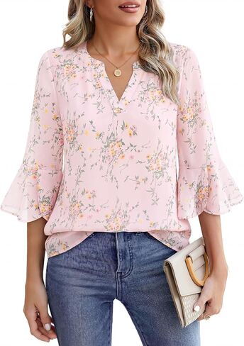 VALOLIA Womens 3/4 Sleeve Tops Dressy Casual Chiffon Blouses Floral Print V-Neck Work Office Shirts in Kuwait