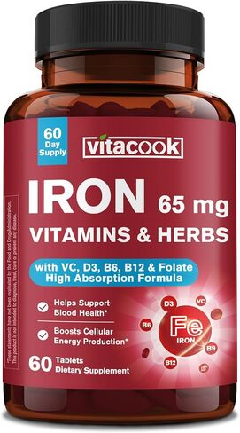 Iron Supplement 65mg, with Vitamin C, D3, B6, B12 & Folate, Spinach, Broccoli, Beet Root, Pumpkin Seeds, Dandelion & Carrots, Blood Building & Energy Support, 60 Tablets in Saudi Arabia
