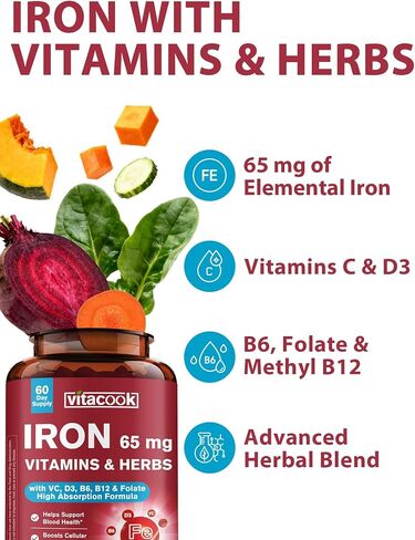 Iron Supplement 65mg, with Vitamin C, D3, B6, B12 & Folate, Spinach, Broccoli, Beet Root, Pumpkin Seeds, Dandelion & Carrots, Blood Building & Energy Support, 60 Tablets in Saudi Arabia