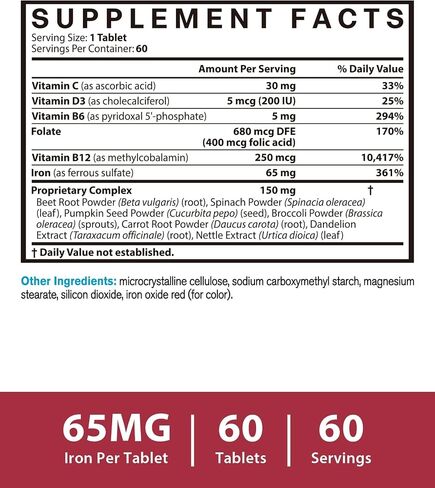 Iron Supplement 65mg, with Vitamin C, D3, B6, B12 & Folate, Spinach, Broccoli, Beet Root, Pumpkin Seeds, Dandelion & Carrots, Blood Building & Energy Support, 60 Tablets in Saudi Arabia