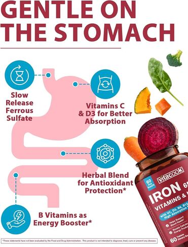 Iron Supplement 65mg, with Vitamin C, D3, B6, B12 & Folate, Spinach, Broccoli, Beet Root, Pumpkin Seeds, Dandelion & Carrots, Blood Building & Energy Support, 60 Tablets in Saudi Arabia
