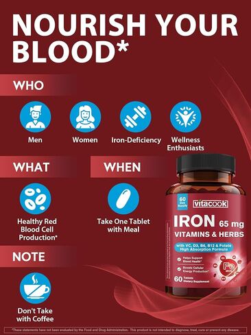 Iron Supplement 65mg, with Vitamin C, D3, B6, B12 & Folate, Spinach, Broccoli, Beet Root, Pumpkin Seeds, Dandelion & Carrots, Blood Building & Energy Support, 60 Tablets in Saudi Arabia
