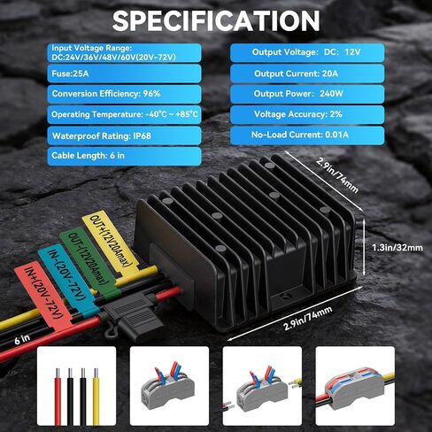 20A 240W 20V 36V 48V 60V to 12V Step Down Converter Voltage Regulator, 20-72V DC-DC Buck Converter Reducer with Fuse, Professional 12V Converter for Golf Cart, Scooter, RV, Forklift, Solar System in Saudi Arabia