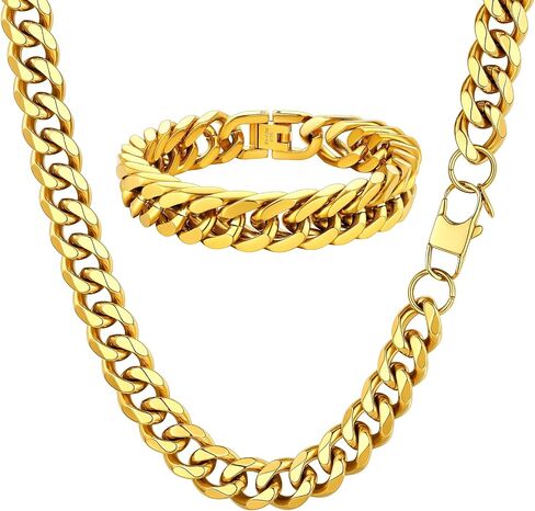 ChainsHouse Miami Cuban Chain Necklace 12mm Width 18inch and 12mm 21cm Wrist Bracelets for Men Women in Kuwait