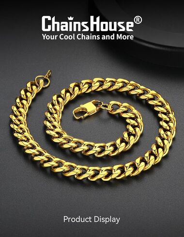 ChainsHouse Miami Cuban Chain Necklace 12mm Width 18inch and 12mm 21cm Wrist Bracelets for Men Women in Kuwait