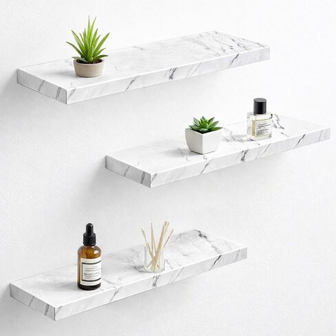 Pinkunn 3 Pcs Faux Marble Floating Shelves White Wooden Wall Shelf Modern Wall Mount Decor for Home Bathroom Kitchen Storage and Display in Kuwait