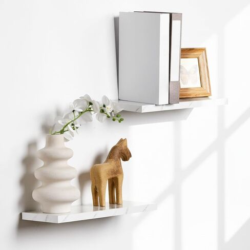 Pinkunn 3 Pcs Faux Marble Floating Shelves White Wooden Wall Shelf Modern Wall Mount Decor for Home Bathroom Kitchen Storage and Display in Kuwait
