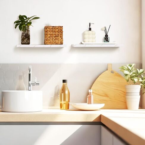 Pinkunn 3 Pcs Faux Marble Floating Shelves White Wooden Wall Shelf Modern Wall Mount Decor for Home Bathroom Kitchen Storage and Display in Kuwait