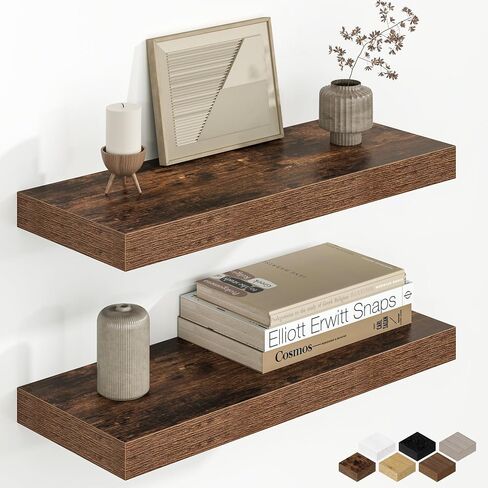 Fun Memories 48 Inch Floating Shelves for Wall, 8 Inch Deep Rustic Wood Wall Mounted Shelves with Invisible Brackets for Bathroom, Bedroom, Kitchen & Living Room Storage Decor, Rustic Brown, 2 Pack in Saudi Arabia