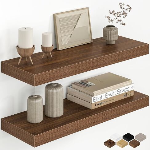 Fun Memories 48 Inch Floating Shelves for Wall, 8 Inch Deep Rustic Wood Wall Mounted Shelves with Invisible Brackets for Bathroom, Bedroom, Kitchen & Living Room Storage Decor, Rustic Brown, 2 Pack in Saudi Arabia