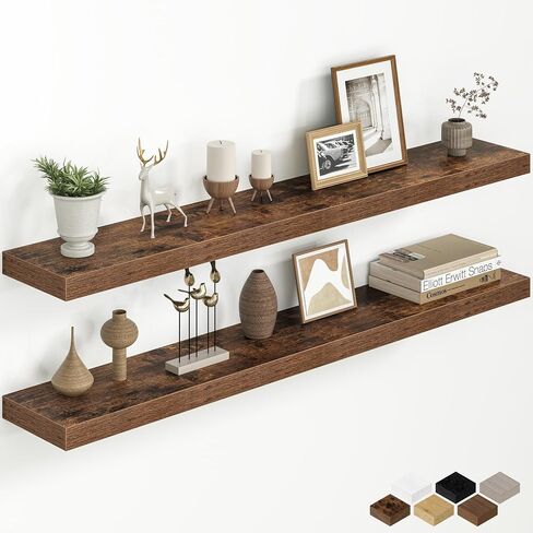 Fun Memories 48 Inch Floating Shelves for Wall, 8 Inch Deep Rustic Wood Wall Mounted Shelves with Invisible Brackets for Bathroom, Bedroom, Kitchen & Living Room Storage Decor, Rustic Brown, 2 Pack in Saudi Arabia