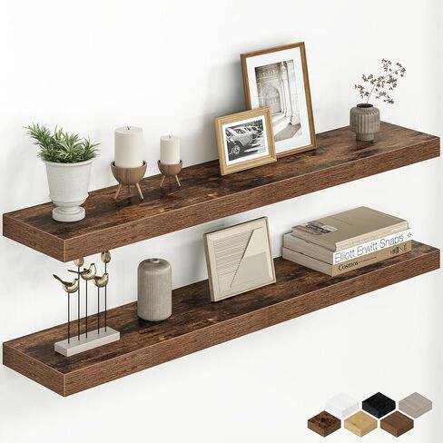 Fun Memories 48 Inch Floating Shelves for Wall, 8 Inch Deep Rustic Wood Wall Mounted Shelves with Invisible Brackets for Bathroom, Bedroom, Kitchen & Living Room Storage Decor, Rustic Brown, 2 Pack in Saudi Arabia