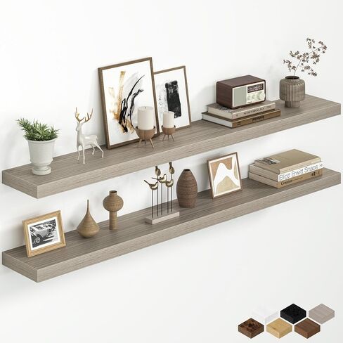 Fun Memories 48 Inch Floating Shelves for Wall, 8 Inch Deep Rustic Wood Wall Mounted Shelves with Invisible Brackets for Bathroom, Bedroom, Kitchen & Living Room Storage Decor, Rustic Brown, 2 Pack in Saudi Arabia
