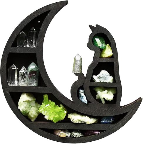 Cat on The Moon Wooden Shelf for Crystals, Moon Crystal Shelf Jewelry Holder, Floating Shelves Essential Oil Shelfes for Living Room, Dinning Room, Bed Room(Color:Black) in Saudi Arabia