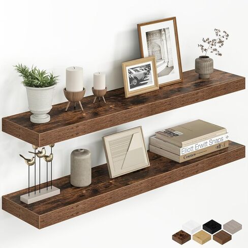 Fun Memories 48 Inch Floating Shelves for Wall, 8 Inch Deep Rustic Wood Wall Mounted Shelves with Invisible Brackets for Bathroom, Bedroom, Kitchen & Living Room Storage Decor, Rustic Brown, 2 Pack in Saudi Arabia