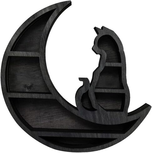 Cat on The Moon Wooden Shelf for Crystals, Moon Crystal Shelf Jewelry Holder, Floating Shelves Essential Oil Shelfes for Living Room, Dinning Room, Bed Room(Color:Black) in Saudi Arabia