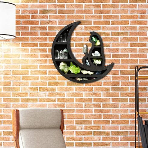 Cat on The Moon Wooden Shelf for Crystals, Moon Crystal Shelf Jewelry Holder, Floating Shelves Essential Oil Shelfes for Living Room, Dinning Room, Bed Room(Color:Black) in Saudi Arabia