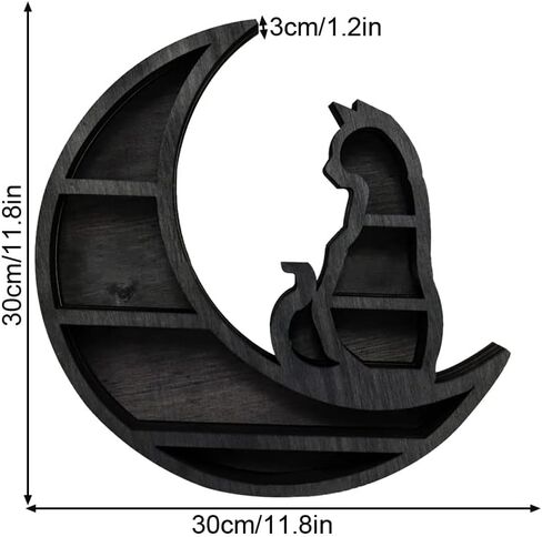 Cat on The Moon Wooden Shelf for Crystals, Moon Crystal Shelf Jewelry Holder, Floating Shelves Essential Oil Shelfes for Living Room, Dinning Room, Bed Room(Color:Black) in Saudi Arabia