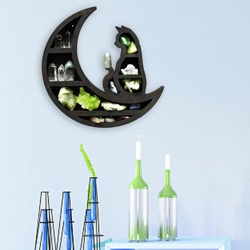 Cat on The Moon Wooden Shelf for Crystals, Moon Crystal Shelf Jewelry Holder, Floating Shelves Essential Oil Shelfes for Living Room, Dinning Room, Bed Room(Color:Black) in Saudi Arabia