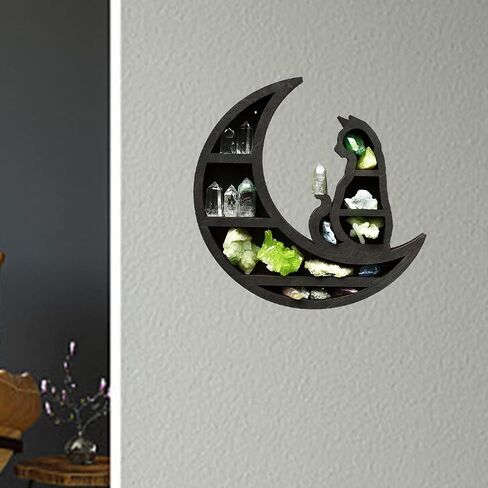 Cat on The Moon Wooden Shelf for Crystals, Moon Crystal Shelf Jewelry Holder, Floating Shelves Essential Oil Shelfes for Living Room, Dinning Room, Bed Room(Color:Black) in Saudi Arabia