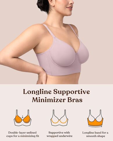 HSIA Bras for Women Minimizer Full Coverage Seamless Plus Size Longline Unlined Underwire Back Smoothing Bra, Grey Purple 36DD in Kuwait