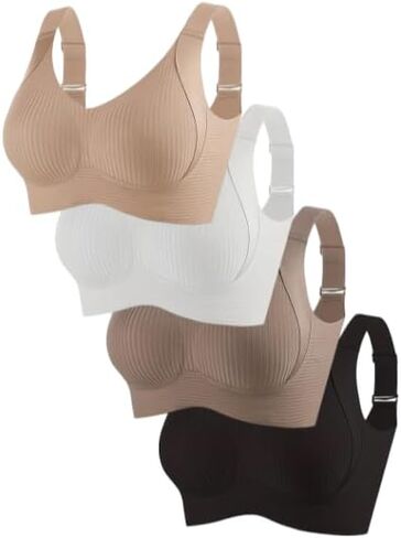 4-Pack Wireless Bras for Women, Seamless Bralette with Adjustable Straps, Ribbed Knit Everyday Bra(Coffee，White，Black，Nude) in Kuwait