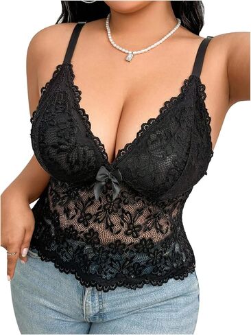 SOLY HUX Women's Plus Size Lace Bra Wireless Bralette V Neck Camisole Tops Adjustable Lingerie No Padded in Kuwait
