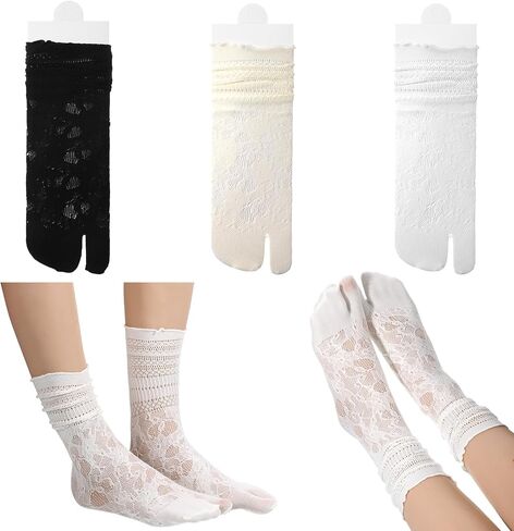 SynHHergyx Tabi Socks Women, 3 Pairs Lace Mesh Split Toe Socks Japanese Flip Flop Socks for Women Daily Wear in Kuwait
