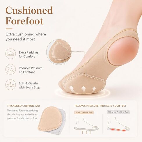 Women's Half Sole Boat Socks for Heels with Cushion Pad, No Show Toe Topper Socks for Flats Mules Slingback, 4 Pairs, Nude and Black in Saudi Arabia