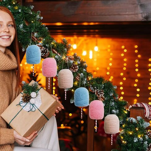 Felted Wool Lollipop Christmas Tree Hanging Ornaments - Handcrafted Felt Wool Lollipop Pink White Blue Christmas Ornaments for Home Party Set of 6 Cotton Candy Land Theme in Saudi Arabia