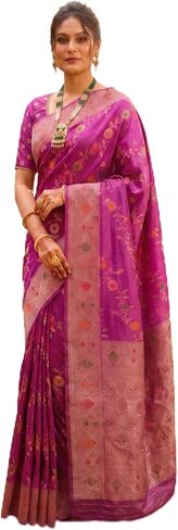 Women's Light majenta Banarasi Silk Saree With Unstitched Zari Weaving & Matching Blouse - Wedding, Party Festive Wear in Kuwait