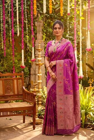 Women's Light majenta Banarasi Silk Saree With Unstitched Zari Weaving & Matching Blouse - Wedding, Party Festive Wear in Kuwait