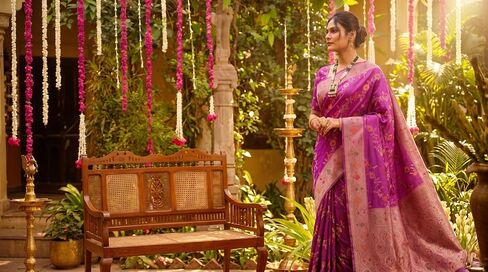 Women's Light majenta Banarasi Silk Saree With Unstitched Zari Weaving & Matching Blouse - Wedding, Party Festive Wear in Kuwait
