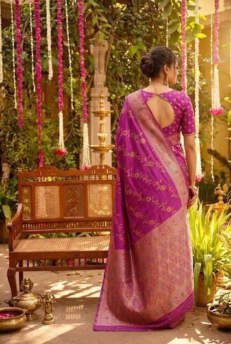 Women's Light majenta Banarasi Silk Saree With Unstitched Zari Weaving & Matching Blouse - Wedding, Party Festive Wear in Kuwait