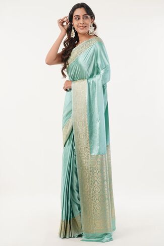 Women's Art Silk Saree With Unstitched Blouse Piece Light Turquoise Color With Gold Border Flroal Motif Festive Party Wedding Wear in Saudi Arabia