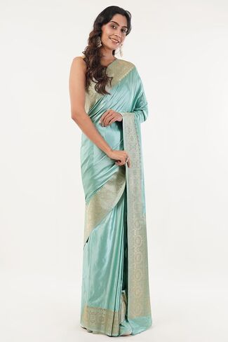 Women's Art Silk Saree With Unstitched Blouse Piece Light Turquoise Color With Gold Border Flroal Motif Festive Party Wedding Wear in Saudi Arabia
