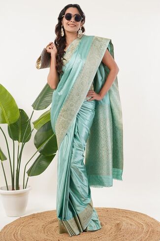 Women's Art Silk Saree With Unstitched Blouse Piece Light Turquoise Color With Gold Border Flroal Motif Festive Party Wedding Wear in Saudi Arabia