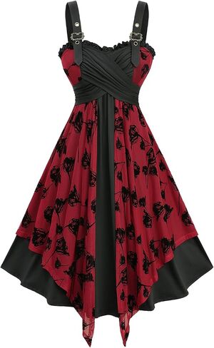 DRESSFO Women Gothic Flower Flocking Mesh Tank Dress Crisscross Ruffles Asymmetrical Dress in Saudi Arabia