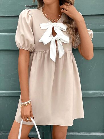 Women's Bow-Tie Mini Dress Puff-Sleeve Chiffon Design Sweet Front Bow Accent Flowy Summer Beach Casual Dates in Kuwait