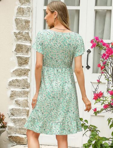 Coolmee Women's Maternity Short Sleeve Ruffle Dress V Neck Summer Casual Smocked Flowy Midi Dress for Baby Shower Photoshoot Army Green Floral L in Saudi Arabia