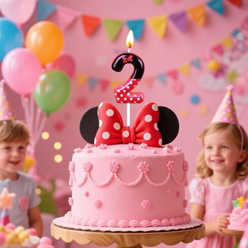 2nd Red Bow Birthday Candles for Girls, Red Black Mouse Cake Topper Cupcake Decor, Mouse Cartoon Themed Birthday Party Decorations Supplies (with White dot, Number 2) in Kuwait
