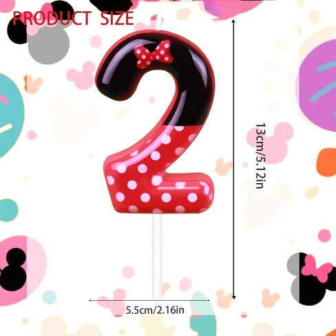 2nd Red Bow Birthday Candles for Girls, Red Black Mouse Cake Topper Cupcake Decor, Mouse Cartoon Themed Birthday Party Decorations Supplies (with White dot, Number 2) in Kuwait