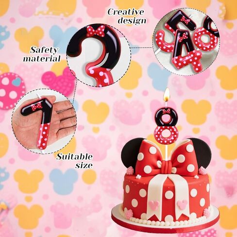 2nd Red Bow Birthday Candles for Girls, Red Black Mouse Cake Topper Cupcake Decor, Mouse Cartoon Themed Birthday Party Decorations Supplies (with White dot, Number 2) in Kuwait