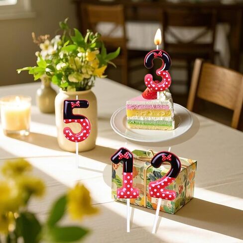 2nd Red Bow Birthday Candles for Girls, Red Black Mouse Cake Topper Cupcake Decor, Mouse Cartoon Themed Birthday Party Decorations Supplies (with White dot, Number 2) in Kuwait