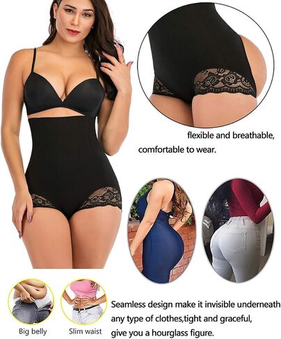 FLORATA Women's Thong Shapewear Tummy Control Butt Lifting Panties High Waist Body Shaper Briefs Black Lace in Saudi Arabia