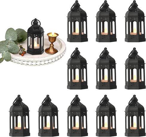 Mini Moroccan Lanterns with Flicker LED Candles Set of 12, Gold Vintage Decorative Hanging Lanterns for Ramadan, Christmas, Halloween, Wedding, Party, Table Centerpiece, ABS Plastic and Glass in Saudi Arabia