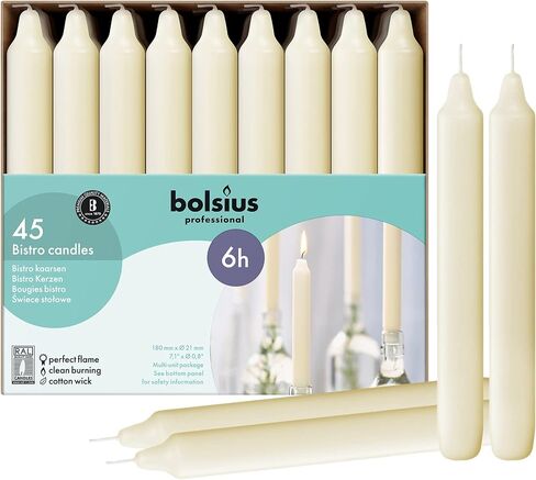 BOLSIUS Ivory Household Candles Bulk Pack 45 Count - Unscented Dripless 7 Inch Dinner Candlesticks - 6+ Hours Burn Time - Premium European Quality - Consistent Smokeless Flame - 100% Cotton Wick in Saudi Arabia