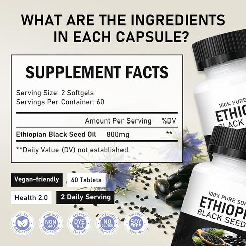 Purely Ethiopian Black Seed Oil Capsules, Purely Nutrient Ethiopian Black Seed Oil Capsules 4.64% Thymoquinone, Organic Cold Pressed, Non-GMO, Gluten-Free, 60 Softgels in Saudi Arabia
